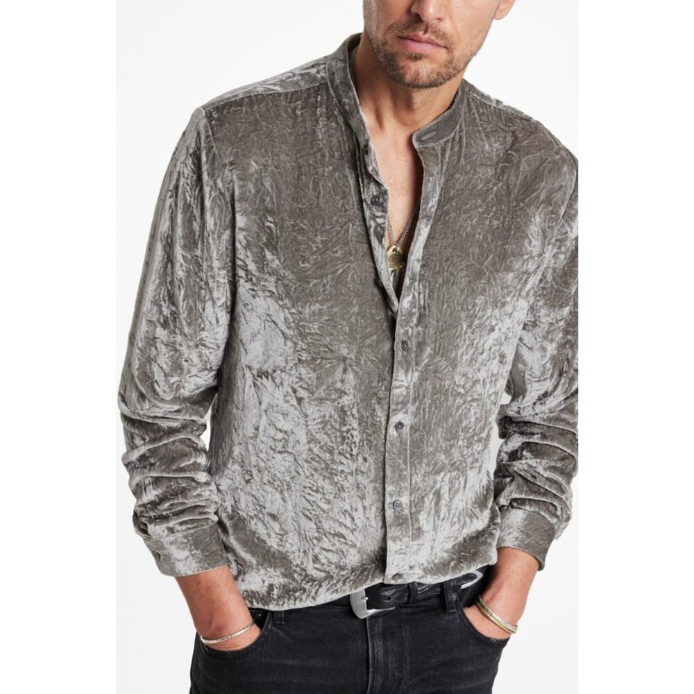 New John Varvatos - M Vigo Velvet Crinkled Shirt Smoked Pearl Gray MSRP $528